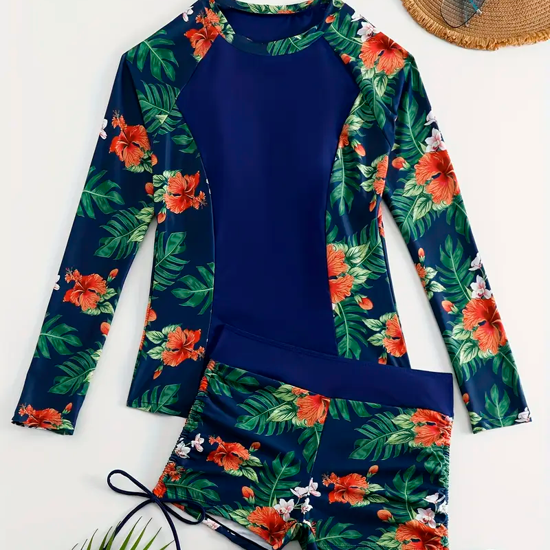 Conjuntinho Tropical Camisa e Short Floral com Proteção UV +BRINDE: Chinelinho Trançado