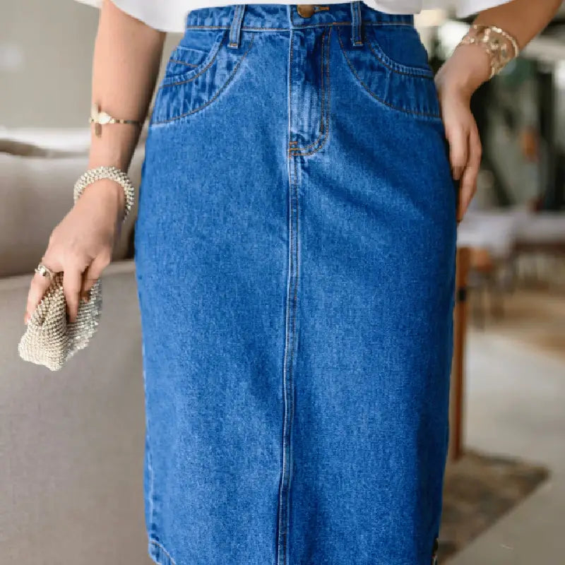 [PAGUE 2 LEVE 5] Saia Jeans Feminina Angélica com Modelagem Godê com Recorte Reto