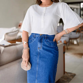 [PAGUE 2 LEVE 5] Saia Jeans Feminina Angélica com Modelagem Godê com Recorte Reto