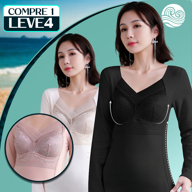 Conjunto de 4 Camisas Manga Longa com Bojo Modelador Renda