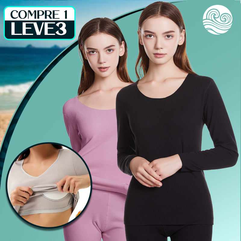 Conjunto de 3 Camisetas Manga Longa em Lã Gola V com Bojo Modelador